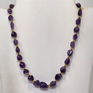 Amethyst Polished Tumbled Stone Single Strand Necklace Gold Tone Bead Adjustable